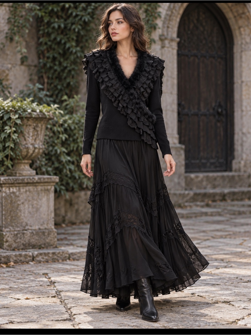 CABO CABO Black Lace Ruffle Sweater Victorian Goth Fur-Like Trim M